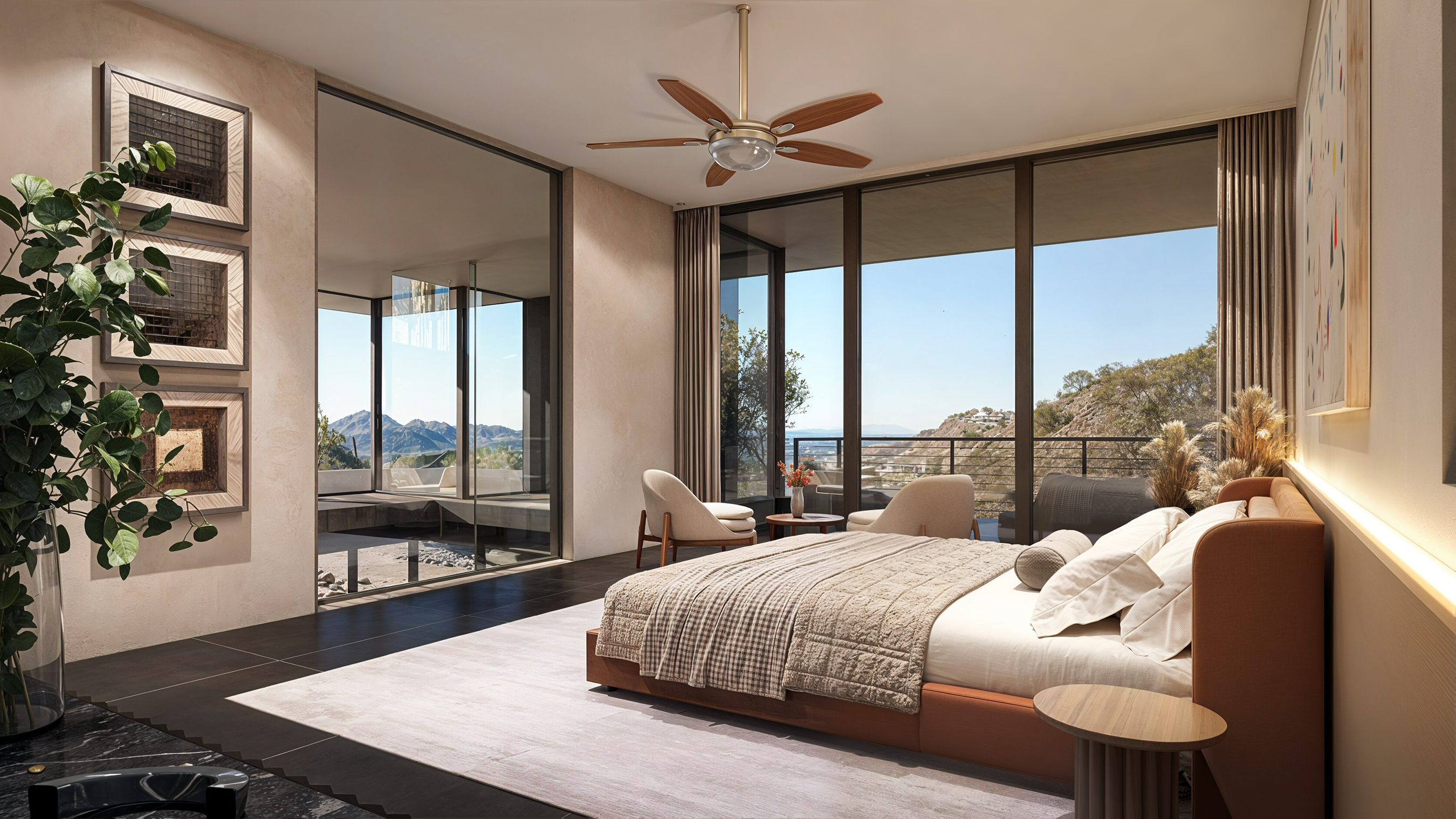 Primary suite with sliding glass walls open to the Paradise Valley desert