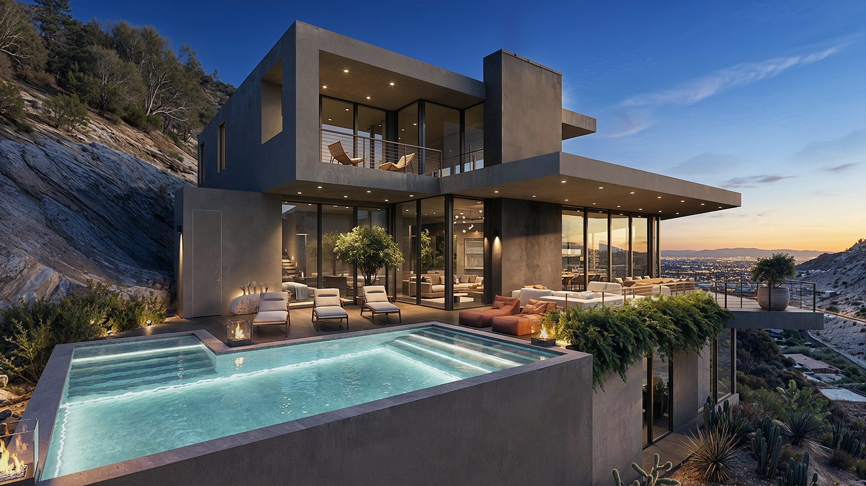 Twilight view of the home with infinity pool, terraces and the lights of Phoenix on the horizon