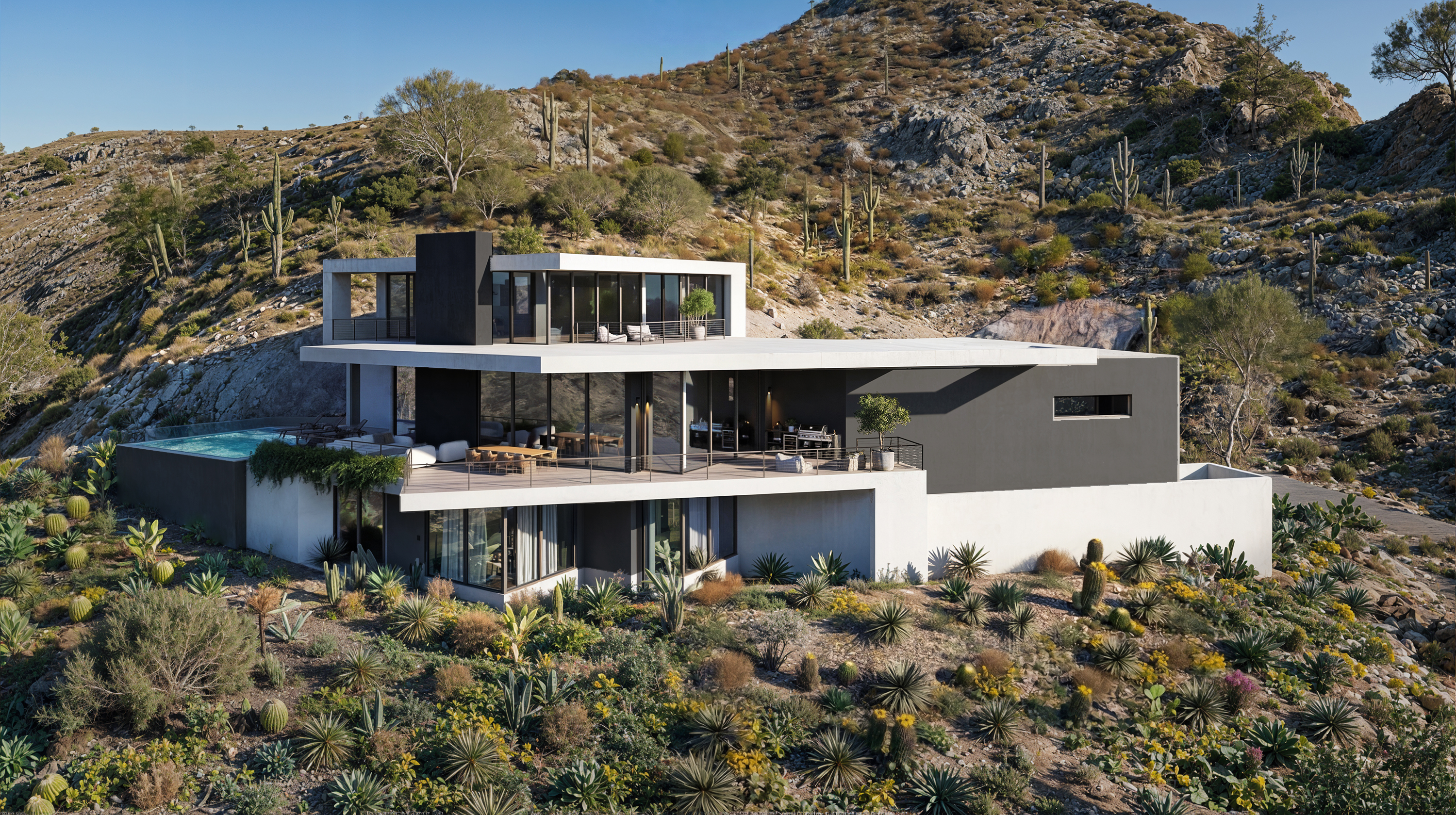 Daytime aerial of the residence terraced into the desert hillside — stacked white volumes, pool terrace and native landscaping against the saguaro-studded slope