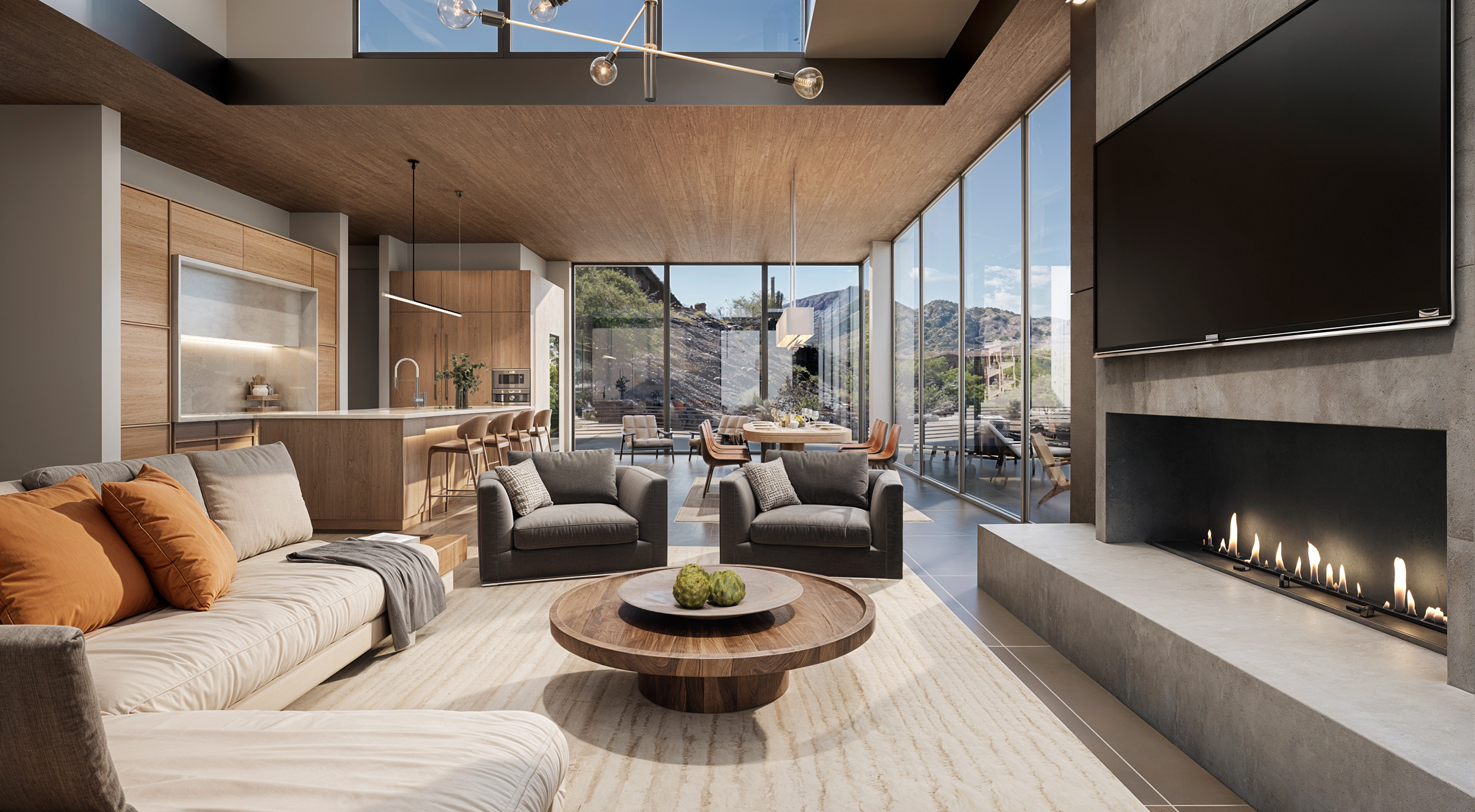 Kitchen and living area with linear fireplace