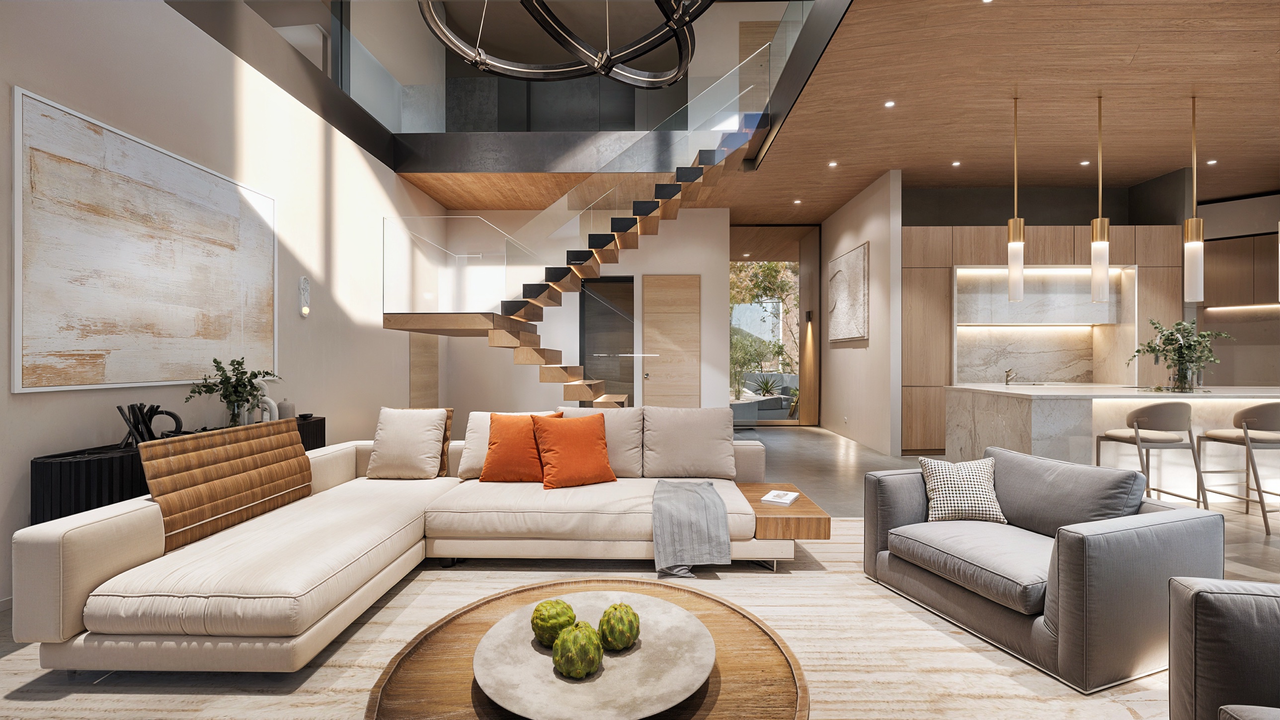 Double-height living room — floating oak stair cantilevered off the wall behind a glass rail, sectional with orange cushions, kitchen with brass pendants and a stone island beyond