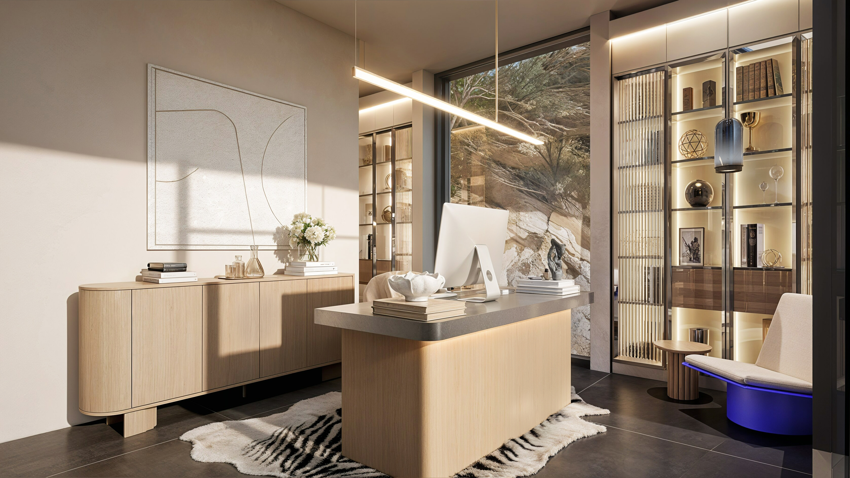 View of the library wall in the home office, with reeded glass cabinets and curated objects