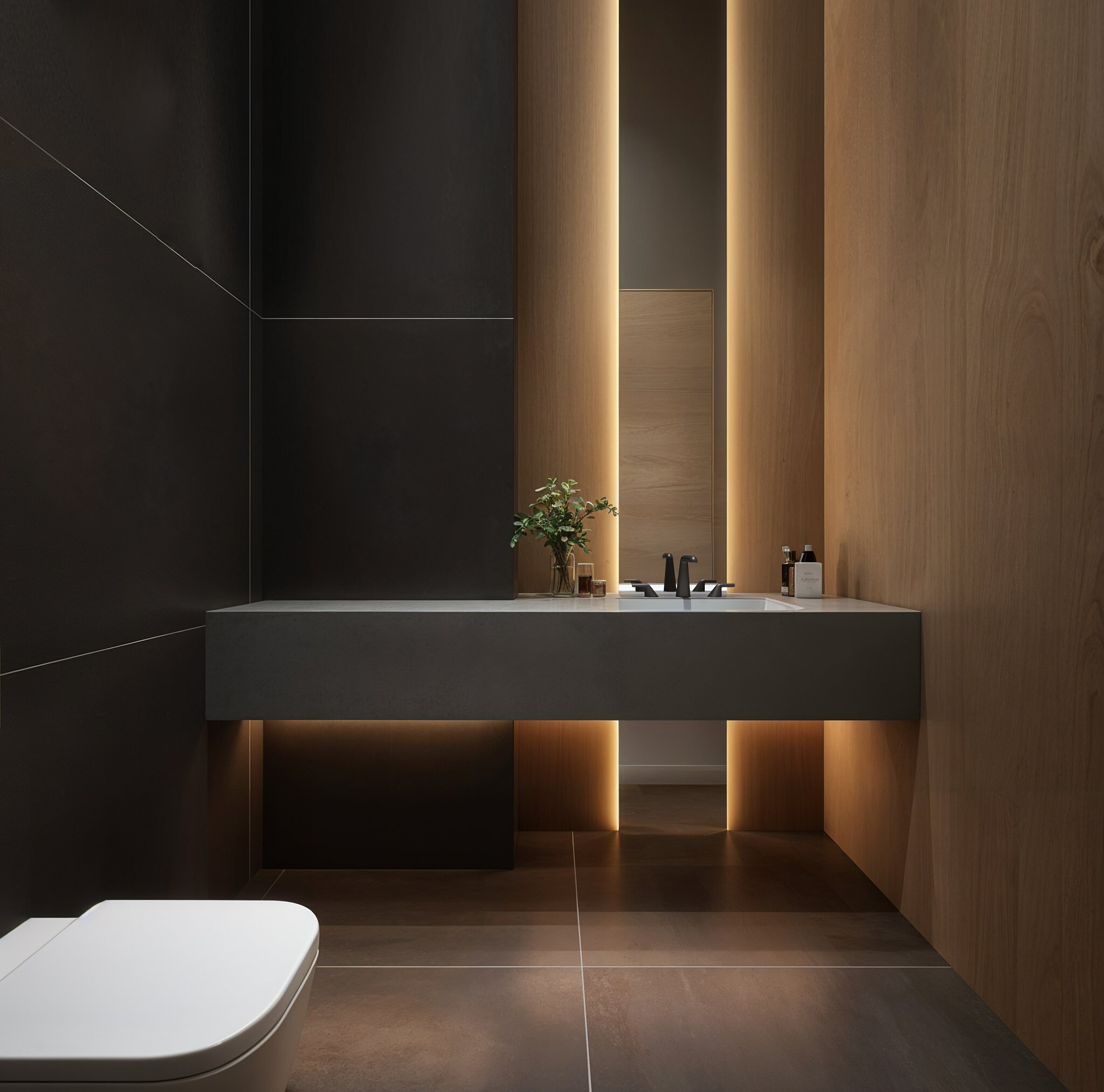 Dramatic powder room with vertical white oak slats and cove lighting