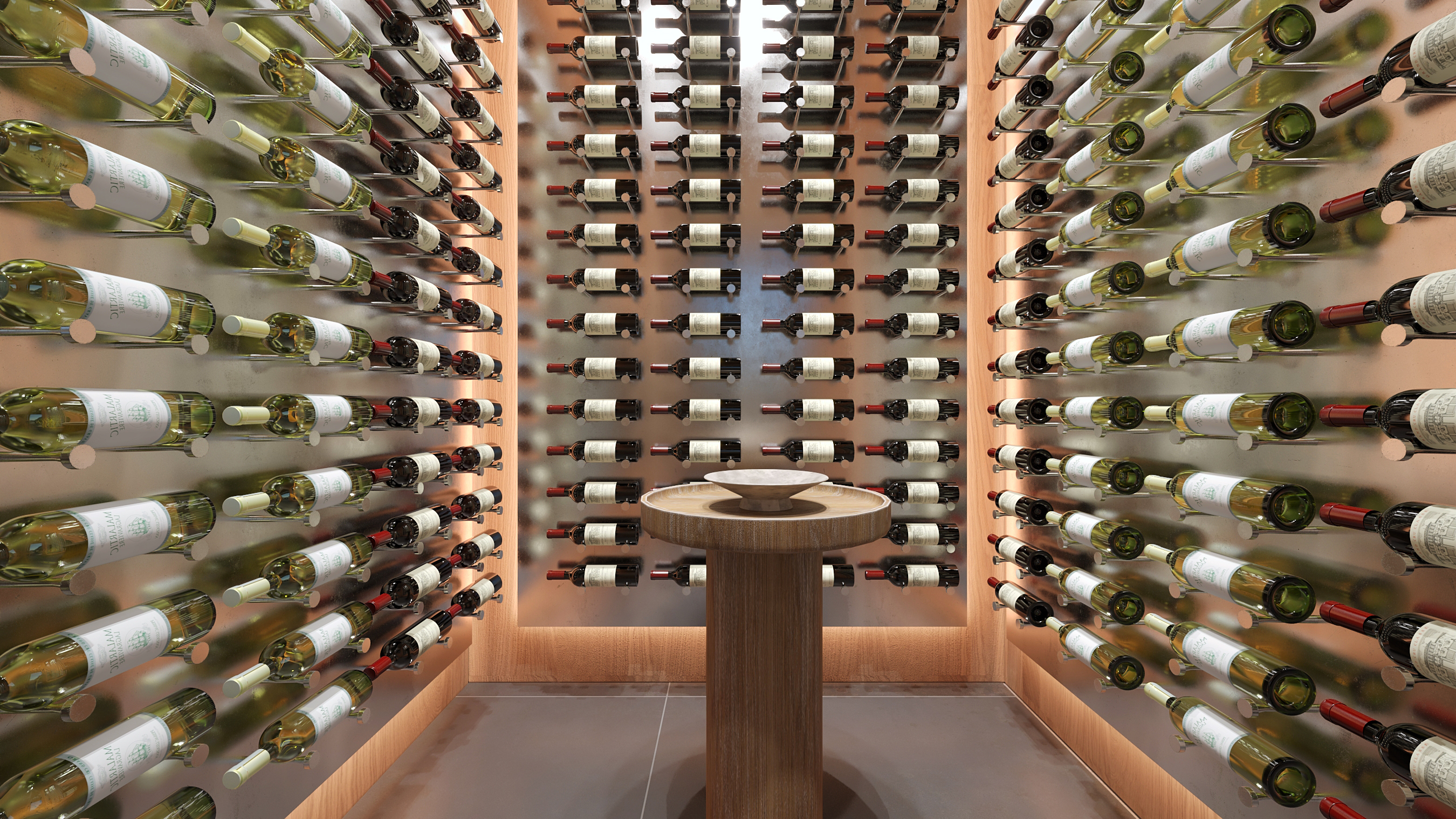 Symmetrical view down the wine cellar — bottles racked floor to ceiling on three walls around a central tasting pedestal
